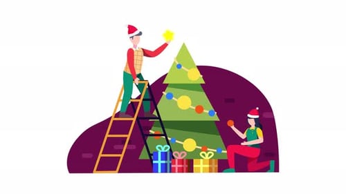 People Decorating Christmas Tree Flat Design Animation