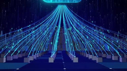 Digital Cloud Computing Data Flow Over Futuristic City