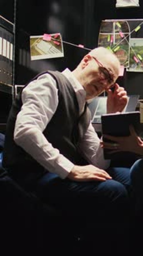 Man With Glasses Looking at Tablet in Office