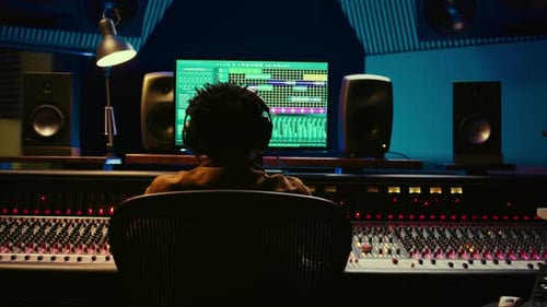 Audio Engineer Works on Music Production in Studio