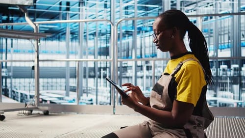 Un experto en plantas industriales de la Industria 4.0 controla la maquinaria automatizada mediante una tableta