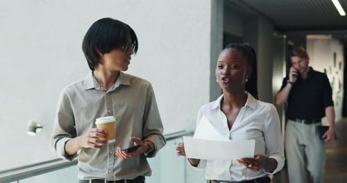 Documents, discussion and business people in office with planning for budget report