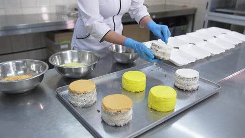 Round little cakes are covered with chocolate crumbs sprinkling.