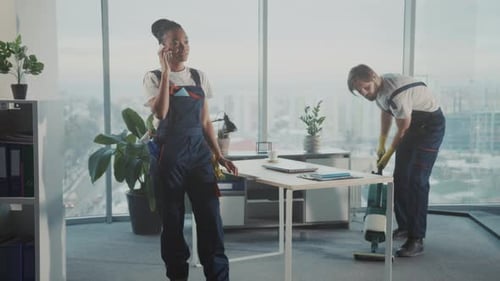 Office Cleaning Scene Professional Cleaning Staff Member in Contemporary Office with Scenic City