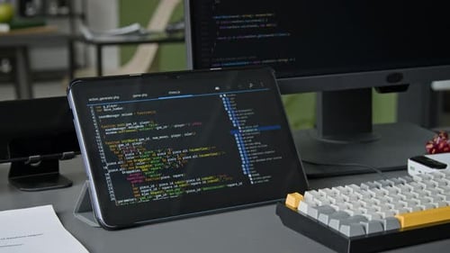 Tablet with Website Code and Computer on Desk of Developer at IT Company