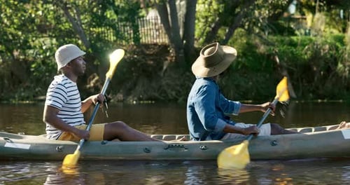 Lake, camping and men in kayak together, summer adventure and nature for sports, fun and hobby