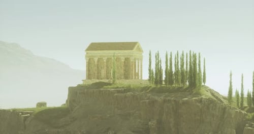 Un ancien temple se dresse sur une falaise entourée de montagnes et d'arbres au crépuscule