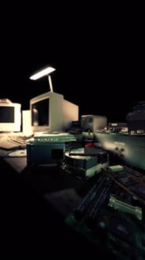 Retro Technology Desk with Vintage Computer Equipment