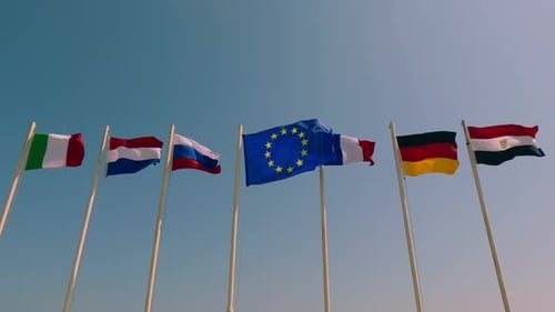 Flags of different countries waving in the wind