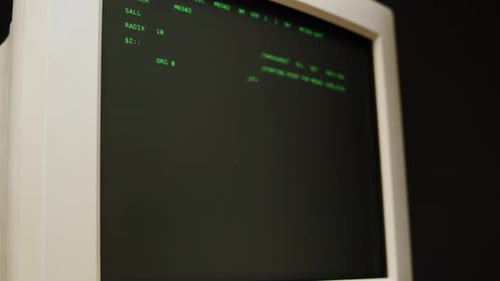 Retro Pc with Loading Code Console Programmer Making Scripts Green Basic Screen Old Computer Studio