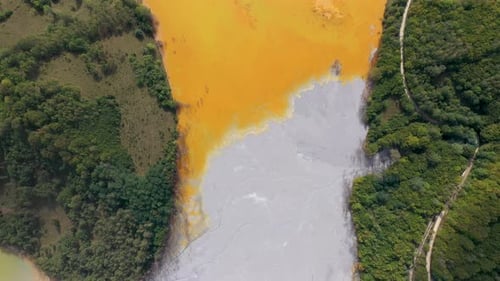 Aerial abstract pattern of acid mine drainage and mud, nature pollution, ecological bomb