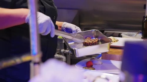 Steak and Vegetables Plating, Close Pan Shot of Fine Dining