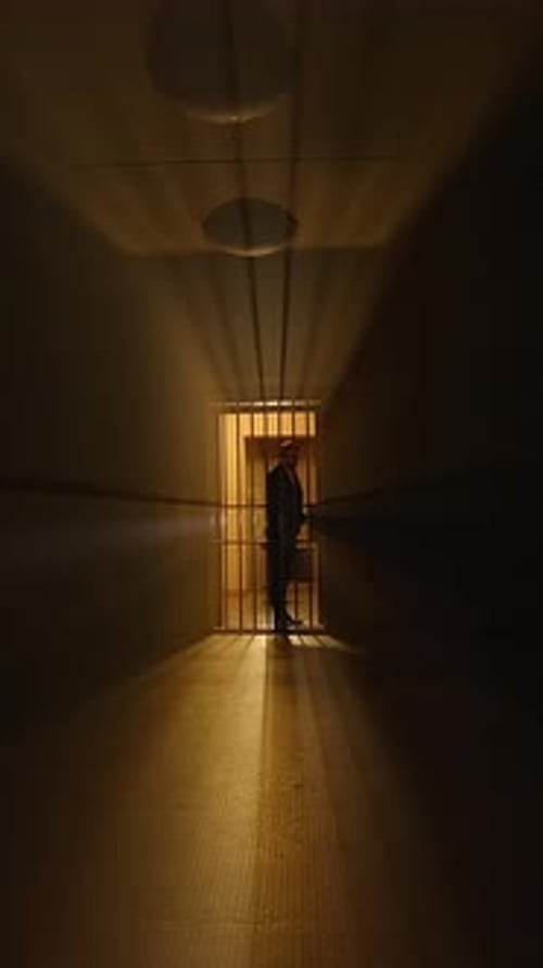 Silhouette Walking Through Dark Hallway with Barred Gate