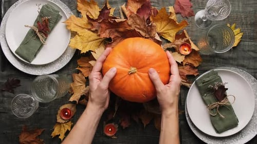 Festive Fall Table Setting with Pumpkin Centerpiece