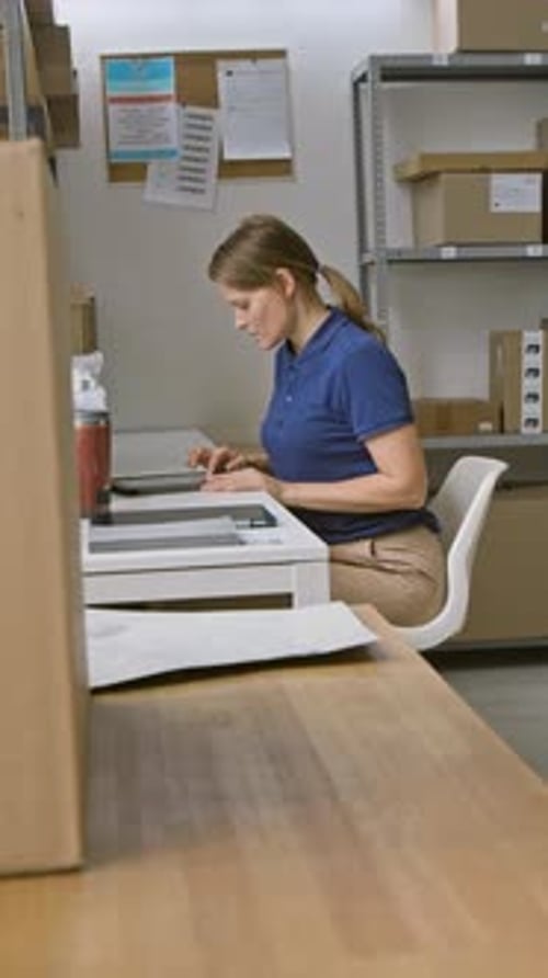 Female Operator with Tablet Processing Shipments at Courier Delivery Office