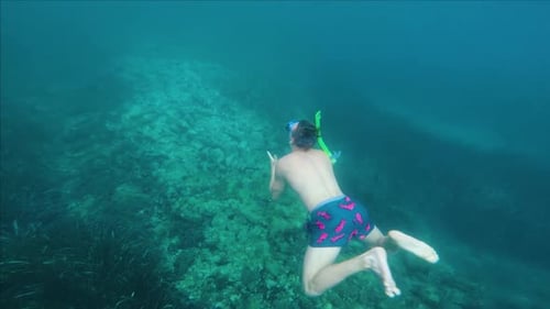 Man snorkeling under Water in a beautiful blue Ocean, Summer Holiday Adventure, Slow-Motion, Action