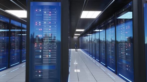 Futuristic Server Room Aisle with Blinking Lights and Technology Infrastructure