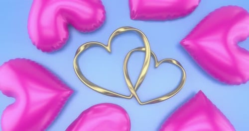 Romantic Intertwined Golden Hearts with Floating Pink Balloons Background
