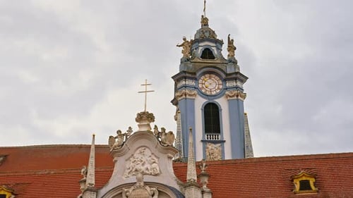 4K Stift Dürnstein bell tower part of the Durnstein Abbey in the Wachau Valley along Danube river