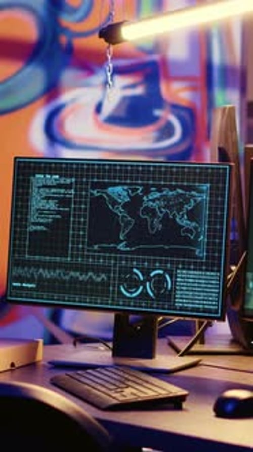 World Map and Code on Computer Screen at Night