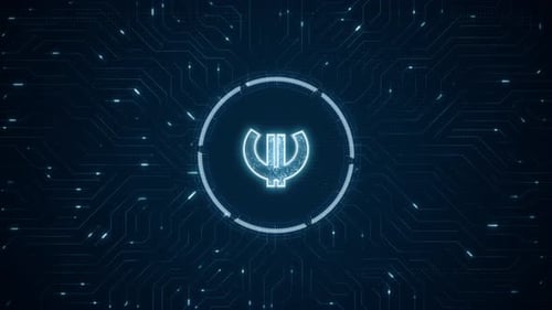 Blue digital money logo and futuristic technotogy circle HUD with circuit board vertical video
