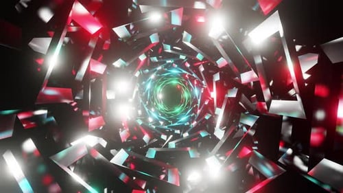 Endless tunnel of geometric shapes rotates with red and white flashes to a musical rhythm vj loop