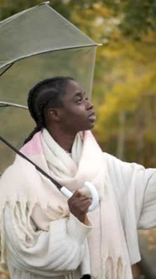 Woman Smiles with an Umbrella in Autumn Park