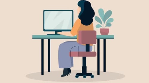 Flat Design Woman Typing at Computer Desk Animation