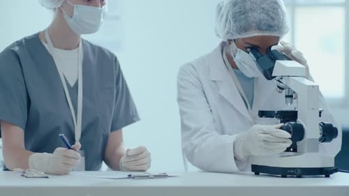 Scientists Analyze Samples with a Microscope in Lab