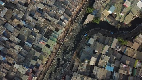 Top Birds Eye View on One of Biggest Slums in World In Mumbai India. Dharavi Neighborhood and Dirty