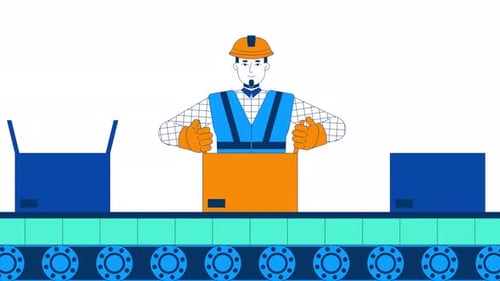 Factory worker packing cardboard box on conveyor belt cartoon animation