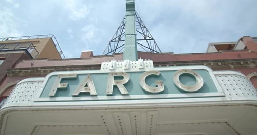 Iconic fargo theatre marquee sign in downtown fargo North Dakota on a summer day