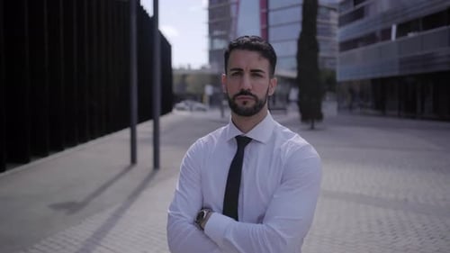 Attractive Young Confident Business Man Posing Serious Outside Office Building Copy Space