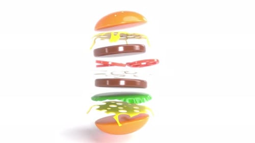 3D Burger Food Flying Isolate on White Bg Able to Loop Endless