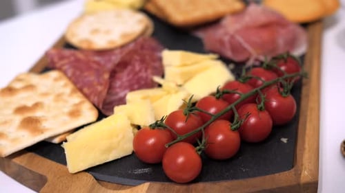 Plat d'entrée avec fromage, craquelins, salami et tomates. Tir à main lente