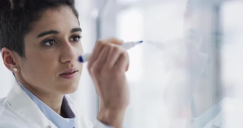 Scientist, medical research and writing for science development and dna planning on glass wall