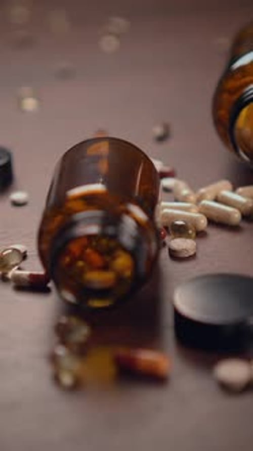 Pills and Pill Bottles on Dark Surface