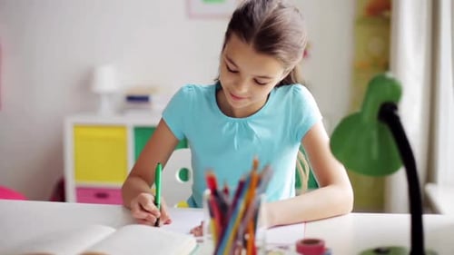 Focused Girl Writing at Desk in Sunny Room
