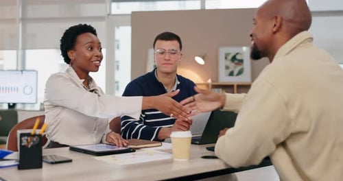 Office, people and happy with handshake for job interview with greeting, welcome and hiring process