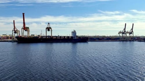Riesiges Frachtschiff mit funktionierenden Kränen im geschäftigen Hafen angedockt
