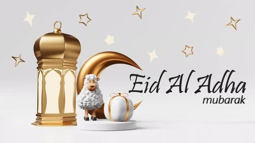Eid al-Adha greeting 3d animation loop. Islamic mosque sheep sacrifice crescent gift podium 4K
