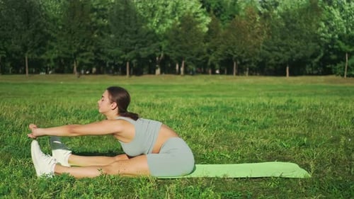 Beautiful sports girl in is engaged in stretching on a sports mat in a city park. Yoga in a sunny me