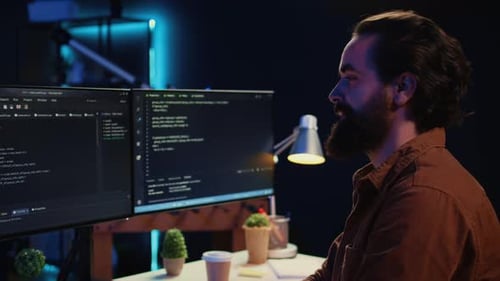 Smiling Freelancing Developer in Home Office Doing Coding on Computer