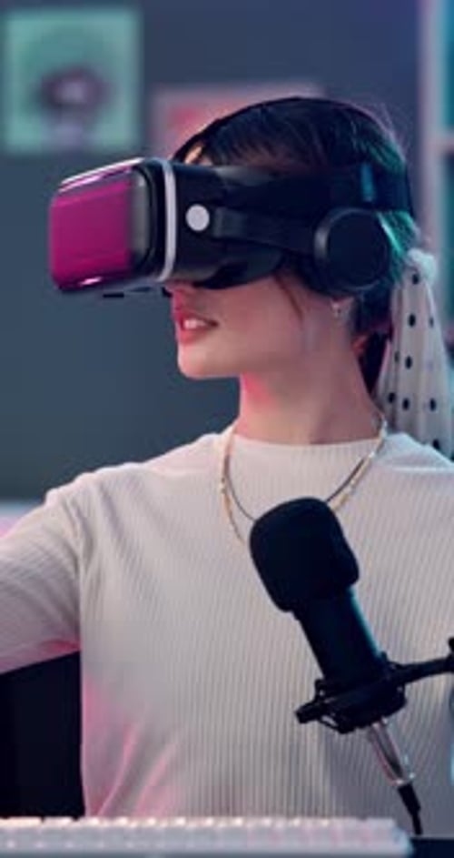 Metaverse, microphone and vr headset with woman in studio for content creation or product review