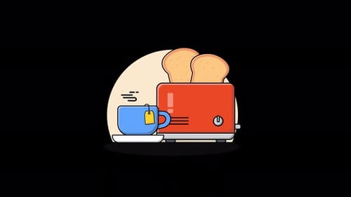 Animated Flat Design Breakfast Scene with Toaster and Tea Cup