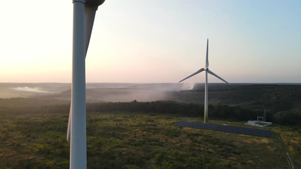 Aerial View of Two Windmill with Rotating Blades Working Wind Turbine ...