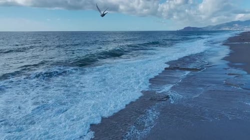 Aerial View of Waves Crashing on Beach