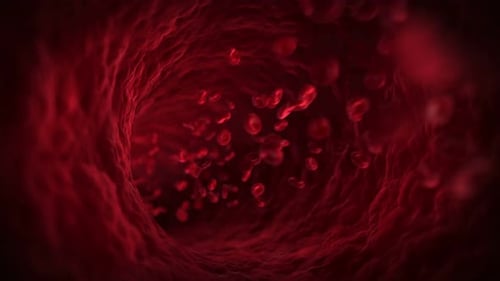 Red blood cells flowing through a human artery in motion