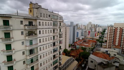 Aerial panning view of a cityscape featuring various buildings, streets, and green spaces under a cl