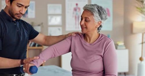 Physio, dumbbells and senior care in clinic, consultation exam and medical support